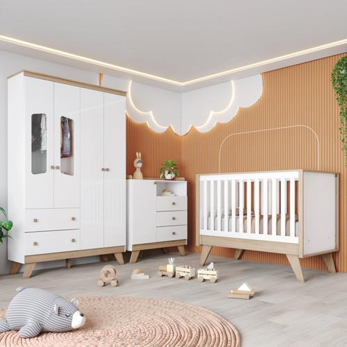 Quarto de Bebê com Cômoda 1 Porta e Guarda Roupa 4 Portas Casinha Permobili  Fendi/Nature - ebbamoveis