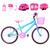 Bicicleta Infantil Feminina Aro 20 Alumínio Colorido + Kit Proteção + Cestinha + Roda Lateral Azul claro, Rosa
