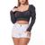 Blusa cropped feminino manga longa bufante drapeado com bojo estilo Preto