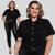 Camisa Jeans Plus Size Feminina Cropped Manga Curta Preto