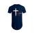 Camiseta Estampada Cruz Masculina Manga Curta Camisa Long Line Swag Blusa Algodão Básica Oversize Thirt Gospel Cristã Evangélica Presente Casual Azul, Marinho