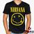 Camiseta Nirvana 100% Algodão Diversos Modelos Rock Geeko Preto gola v nome acima