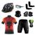 Conjunto Ciclismo Camisa e Bermuda + Capacete de Ciclismo C/ Luz LED + Luvas de Ciclismo + Óculos Esportivo +  Par de Manguitos + Bandana Punisher vermelho