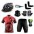 Conjunto Ciclismo Camisa e Bermuda + Capacete de Ciclismo C/ Luz LED + Luvas de Ciclismo + Óculos Esportivo +  Par de Manguitos + Bandana Bike vermelho