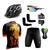 Conjunto Ciclismo Camisa e Bermuda + Capacete de Ciclismo C/ Luz LED + Luvas de Ciclismo + Óculos Esportivo +  Par de Manguitos Listrado preto, Laranja