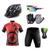 Conjunto Ciclismo Camisa Proteção UV e Bermuda em Gel + Capacete Ciclismo + Luvas Ciclismo + Óculos Bike preto, Vermelho