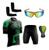 Conjunto de Ciclismo Camisa e Bermuda C/ Proteção UV + Óculos Esportivo Espelhado + Par de Manguitos Cilcista preto, Verde