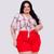 Conjunto Feminino Plus Size Short e Cropped Xadrez 0276 Vermelho