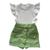 Conjunto Infantil Feminino Blusa Babadinho com short Saia Aveludado Bolsos Falsos e Botões Frontais Verde com branco