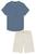 Conjunto Roupa Infantil Masculino Camisa Em Linho e Bermuda Em Sarja Moderno Confortável LucBoo Azul, Bege