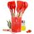 Jogo Kit Com 12 Peças Utensílios De Cozinha Colheres Espatulas Pegador Silicone Copo Suporte Vermelho