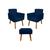 Kit 02 Poltronas Gênesis e 01 Puff Retangular Decorativos para Sala e Quarto Pés Palito Suede Escolha Sua Cor - WeD Decor Azul