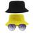 Kit 2 Chapéu Bucket Hat E Oculos De Sol Hexagonal Preto MD-04 Amarelo