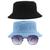 Kit 2 Chapéu Bucket Hat E Oculos De Sol Hexagonal Preto MD-04 Azul claro