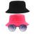 Kit 2 Chapéu Bucket Hat E Oculos De Sol Hexagonal Preto MD-04 Rosa neon