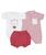 Kit 3 peças macacão curto, body manga curta e shorts Best Club Baby off white e rosa cereja com bordado urso Rosa