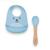Kit alimentacao colher silicone e bambu e babador introdução alimentar infantil bebe versátil Azul