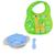 Kit Bebê Babador Impermeável + Prato Infantil Tampa e Colher Azul/Verde