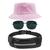 Kit Chapéu Bucket Hat, Pochete Ajustável Com Saída Fone E Óculos de Sol Piloto Quadrado Proteção Uv400 Clássico MD-23 Rosa claro