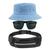 Kit Chapéu Bucket Hat, Pochete Ajustável Saída De Fone E Óculos de Sol Grande Retangular Unissex Armação Fosca MD-41 Azul claro