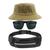 Kit Chapéu Bucket Hat, Pochete Ajustável Saída De Fone E Óculos de Sol Grande Retangular Unissex Armação Fosca MD-41 Caqui