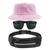 Kit Chapéu Bucket Hat, Pochete Ajustável Saída De Fone E Óculos de Sol Grande Retangular Unissex Armação Fosca MD-41 Rosa claro