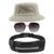 Kit Chapéu Bucket Hat, Pochete Ajustável Saída Fone E Óculos de Sol Geométrico Armação Metálica Lente Degrade MD-42 Bege
