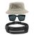 Kit Chapéu Bucket Hat, Pochete Ajustável Saída Fone E Óculos de Sol Geométrico Com Armação Quadrada Lente Escura MD-43 Bege