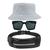 Kit Chapéu Bucket Hat, Pochete Ajustável Saída Fone E Óculos de Sol Geométrico Com Armação Quadrada Lente Escura MD-43 Branco
