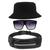 Kit Chapéu Bucket Hat, Pochete Ajustável Saída Fone E Óculos de Sol Quadrado Armação Transparente Com Proteção MD-31 Preto