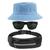 Kit Chapéu Bucket Hat, Pochete Ajustável Saída Fone E Óculos de Sol Retangular Masculino Armação Fosca Esportivo MD-38 Azul claro