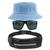 Kit Chapéu Bucket Hat, Pochete Impermeável Saída Fone E Óculos de Sol Retangular Masculino Espelhado Armação Fosca MD-40 Azul claro