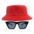 Kit Chapéu Bucket Oculos De Sol Gatinho Quadrada Retro MD-10 Vermelho