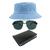 Kit Chapéu Bucket, Óculos de Sol Piloto Quadrado E Carteira Preta MD-22 Azul claro