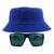 Kit Com Chapéu Bucket Hat, Óculos de Sol Retangular Com Proteção Uv400 Masculino Espelhado Armação Fosca Preto MD-40 Azul royal