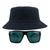 Kit Com Chapéu Bucket Hat, Óculos de Sol Retangular Com Proteção Uv400 Masculino Espelhado Armação Fosca Preto MD-40 Azul escuro