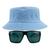 Kit Com Chapéu Bucket Hat, Óculos de Sol Retangular Com Proteção Uv400 Masculino Espelhado Armação Fosca Preto MD-40 Azul claro
