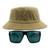 Kit Com Chapéu Bucket Hat, Óculos de Sol Retangular Com Proteção Uv400 Masculino Espelhado Armação Fosca Preto MD-40 Caqui