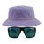 Kit Com Chapéu Bucket Hat, Óculos de Sol Retangular Com Proteção Uv400 Masculino Espelhado Armação Fosca Preto MD-40 Lilás