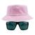 Kit Com Chapéu Bucket Hat, Óculos de Sol Retangular Com Proteção Uv400 Masculino Espelhado Armação Fosca Preto MD-40 Rosa claro