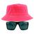 Kit Com Chapéu Bucket Hat, Óculos de Sol Retangular Com Proteção Uv400 Masculino Espelhado Armação Fosca Preto MD-40 Rosa neon
