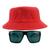 Kit Com Chapéu Bucket Hat, Óculos de Sol Retangular Com Proteção Uv400 Masculino Espelhado Armação Fosca Preto MD-40 Vermelho