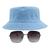 Kit Com Chapéu Bucket, Óculos de Sol Geométrico Com Armação Metálica Com Proteção Uv400 Lente Degrade, Estiloso - MD-42 AZUL CLARO