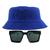 Kit Com Chapéu Bucket, Óculos de Sol Geométrico Com Armação Quadrada Com Proteção Solar Uv400 Lente Escura Fashion MD-43 AZUL ROYAL