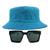 Kit Com Chapéu Bucket, Óculos de Sol Geométrico Com Armação Quadrada Com Proteção Solar Uv400 Lente Escura Fashion MD-43 Azul