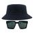 Kit Com Chapéu Bucket, Óculos de Sol Geométrico Com Armação Quadrada Com Proteção Solar Uv400 Lente Escura Fashion MD-43 Azul escuro