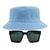 Kit Com Chapéu Bucket, Óculos de Sol Geométrico Com Armação Quadrada Com Proteção Solar Uv400 Lente Escura Fashion MD-43 Azul claro
