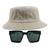 Kit Com Chapéu Bucket, Óculos de Sol Geométrico Com Armação Quadrada Com Proteção Solar Uv400 Lente Escura Fashion MD-43 BEGE