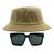 Kit Com Chapéu Bucket, Óculos de Sol Geométrico Com Armação Quadrada Com Proteção Solar Uv400 Lente Escura Fashion MD-43 CAQUI