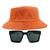 Kit Com Chapéu Bucket, Óculos de Sol Geométrico Com Armação Quadrada Com Proteção Solar Uv400 Lente Escura Fashion MD-43 LARANJA